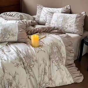 Parure de lit en coton style rétro français, 100 fils, à volants floraux, pour usage domestique - Product Image 2
