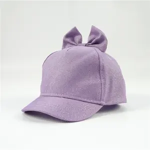 Fashion Cute Kids Purple Shinning Glitter Baseball Cap with Bowtie