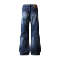 Jean Homme 100% Coton Vintage Taille Haute Coupe Bootcut Déchiré à Rivets Classique Bleu Foncé Délavé Effet Usé Ample Structuré Épais
