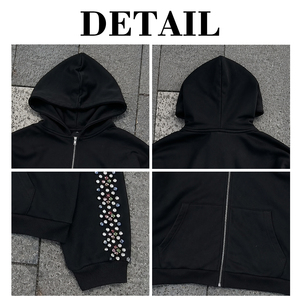 Sweat à capuche zippé oversize en molleton bouclette épais, coupe carrée et courte, avec strass, style streetwear, sans taxes américaines, pour homme - Product Image 6