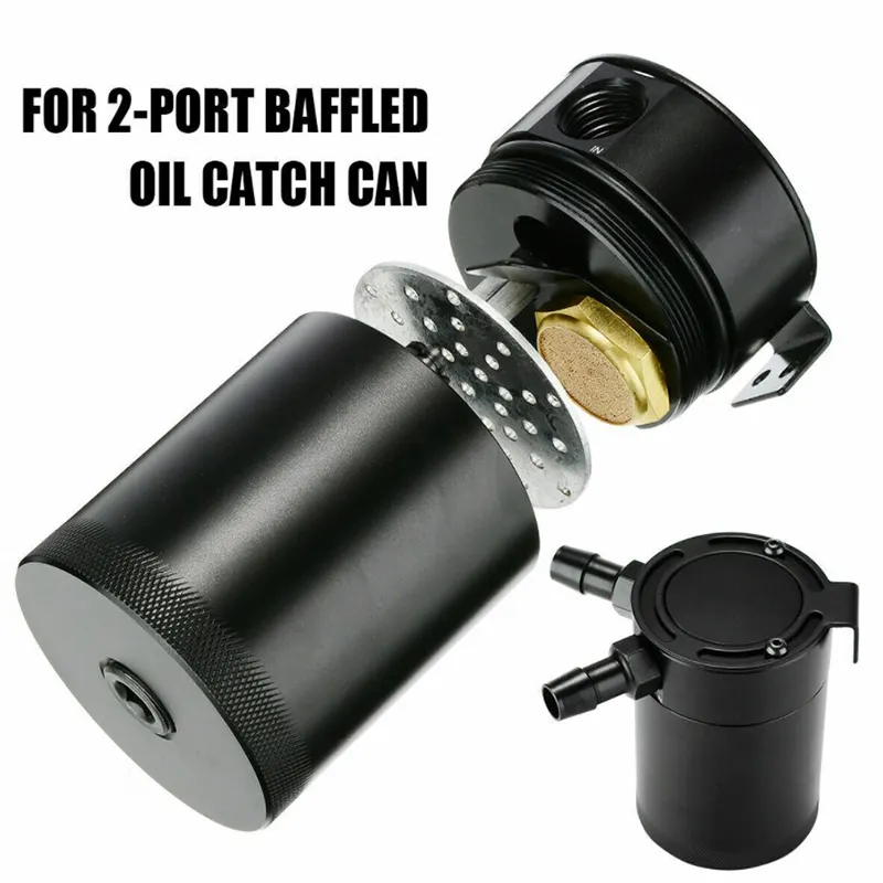 Universal 2-Port Oil Catch Can kit With Baffle Petrol Diesel Turbo Tank Reservoir, Black silver