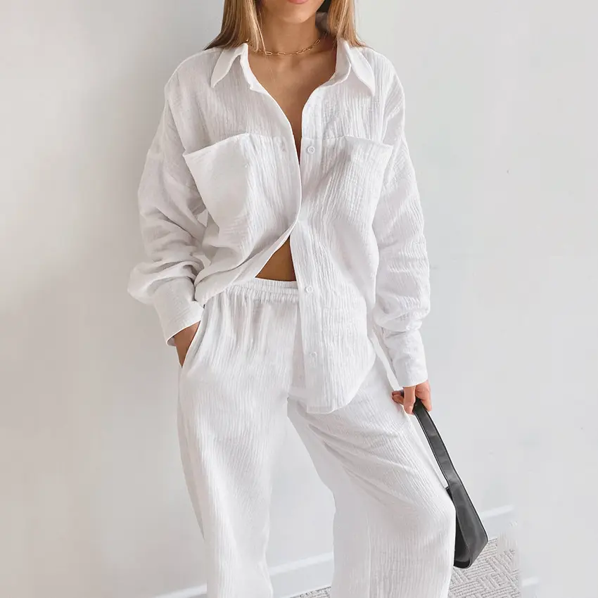 White Pajamas For Women Cotton Long Sleeve 2 Piece Sets Nightwear Female Casual Trouser Suits Solid 2022 Autumn Sleepwear