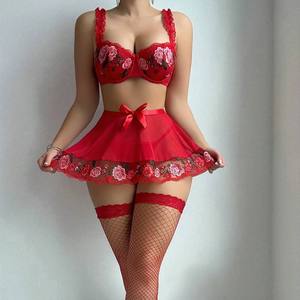 New Style Wholesale Red Embroidery Perspective Seductive Underwear Set Silk <b>Stockings</b> Three-Piece Lingerie - Product Image 3