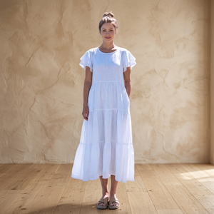 Robe mi-longue 100 % coton à manches cloche, col en V, style vintage, panneau asymétrique, taille haute, coupe trapèze, respirante, décontractée, pour l'été, la plage et les vacances, grande taille - Product Image 3