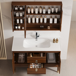 New Chinese-Style Wenge Wood Bathroom Vanity Integrated Ceramic Sink Vintage Washbasin <b>Cabinet</b> 3-Year Warranty LED Mirror - Product Image 3