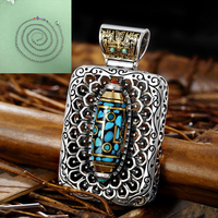 Collier pendentif vintage en laiton avec chaîne à maillons et perles rotatives « Dix Mille Bouddhas » en turquoise naturelle