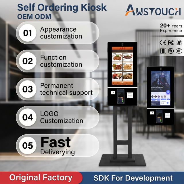 AWSTOUCH Professional 27Inch Self Ordering Kiosk for Fast Food Restaurant With Thermal Printer and QR Code Scanner Boost ROI