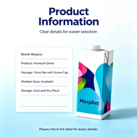 Carton aseptique en papier kraft inviolable avec fermeture à vis hygiénique 30 mm pour emballage de liquides, produits laitiers, jus et boissons fonctionnelles, avec gaufrage