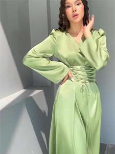 Vestidos de Noche Elegantes con Cuello en V al por Mayor, Vestido de Fiesta Formal de Satén con Mangas Largas para Mujer - Product Image 5