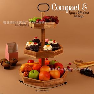 Three Tier Wooden Fruit Platter With Handle Multi Functional Serving <b>Tray</b> For Dessert Cake <b>Snack</b> Display Kitchen Decor - Product Image 2