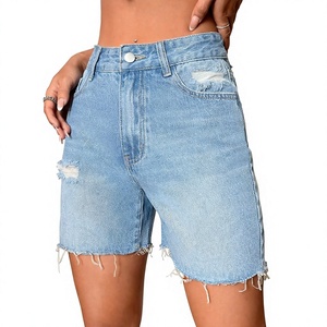 Shorts en jean droits taille mi-haute pour femme, imperméables, imprimé floral, broderie unie, coton délavé, haute qualité à prix bas - Product Image 4
