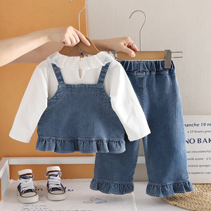 Ensemble 3 pièces en <span class=keywords><strong>jean</strong></span> pour filles, avec garniture en dentelle et ourlet à volants, tenue décontractée printemps-automne, combinaison en <span class=keywords><strong>jean</strong></span> - Product Image 2