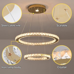 Lustre moderne de luxe en cristal K9 transparent, forme à 2 anneaux, lampe suspendue au plafond avec télécommande pour salon - Product Image 2