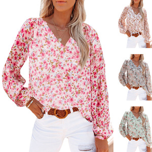 Atasan Wanita Motif Bunga V-Neck untuk Musim Semi, Kemeja Chiffon Kasual untuk Musim Gugur, Atasan Longgar Lengan Panjang Model Lantern, Blus Seksi untuk Bepergian - Product Image 3
