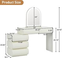 Coiffeuse moderne blanc crème avec miroir LED arqué, tiroirs incurvés en cuir souple et armoire latérale réglable pour chambre à coucher.