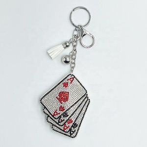 Sparkling Crystal Poker Keychain Fashion Rhinestone Diamonds Leather Tassel Keychain Bling Playing Card Pendant <b>Bag</b> <b>Charm</b> - Product Image 1