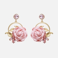 Desain Baru Anting-Anting Menjuntai Bunga Mawar Besar Merah Muda untuk Wanita Mode Berlian Imitasi Statement Anting-Anting Menjuntai Perhiasan Pernikahan