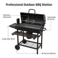 Barbecue au charbon de bois grande capacité avec rôtissoire et étagère latérale, barbecue d'extérieur sur roues, fumoir portable pour jardin