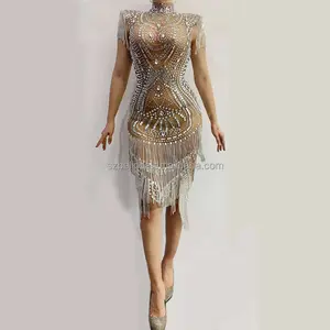 Shining Silver Crystals Fringes Transparent Dress Birthday See Through Sexy Rhinestones Chain Outfit Women Singer Evening Dress