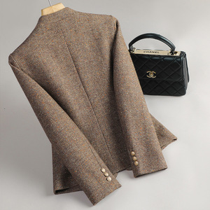 Women's Wool Blazer <b>Coffee</b> Colored Solid Color Anti-Wrinkle Petite Slim Fit Autumn Winter 2024 Style - Product Image 3