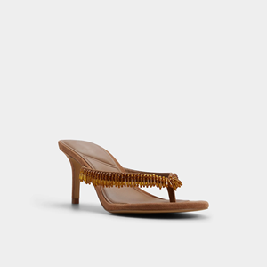 Women's Brown Suede Beaded Fringe Thong <strong>Mules</strong> Square Toe <strong>Kitten</strong> <strong>Heel</strong> Slide Sandals - Product Image 5