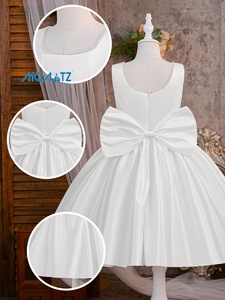 Robe de fête en satin blanc pour filles Meiqiai, 8-12 ans, col carré avec bordure en perles pour occasions spéciales - Product Image 4