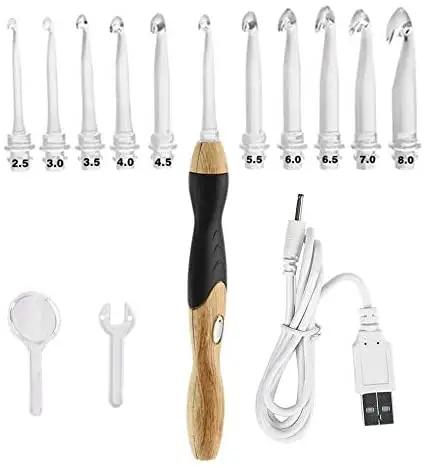 Ganchos de ganchillo de aluminio con mango de plástico de bambú intercambiables USB 9 en 1, agujas de tejer, ganchos de ganchillo LED