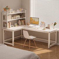 Bureau d'angle en forme de L avec étagère intégrée, structure métallique, surface en bois durable pour la maison, la chambre, le poste de travail informatique