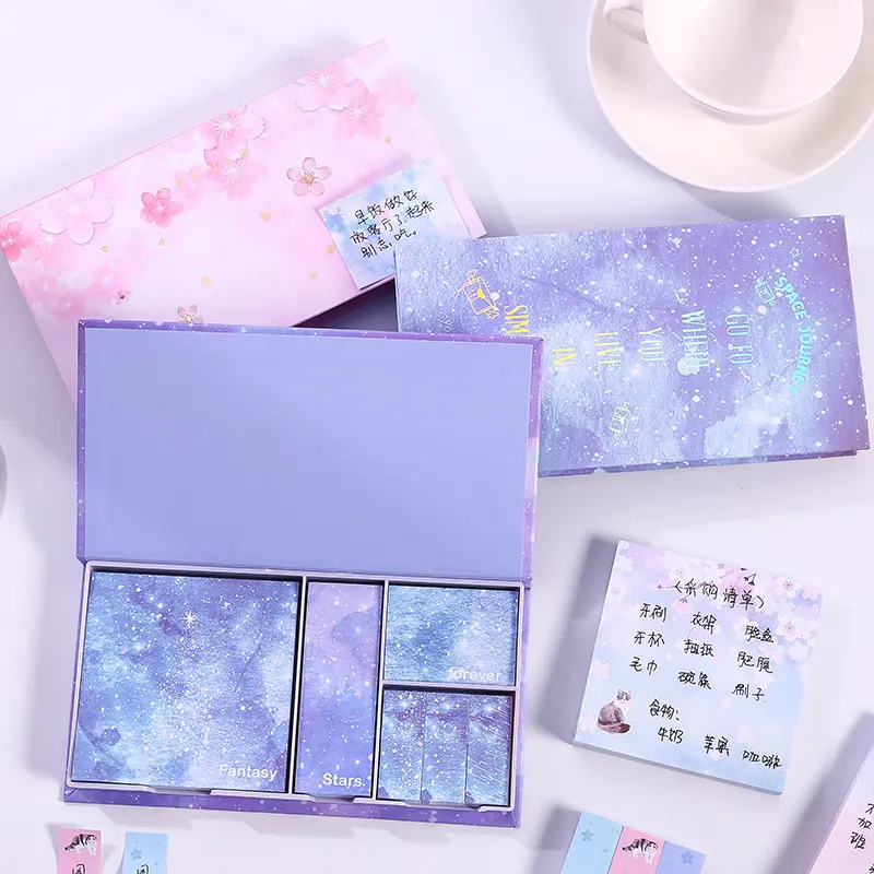 Cute kawaii foil cherry bloom sky stars self-adhesive memo pad sticky notes pad stationery supplies gift box swrap