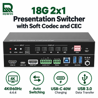 Switcher USB-C 18Gbps 2x1 HD-MI dengan Pengisian Daya PD 40W, Pengalihan Otomatis, Berbagi USB HID, Audio Seimbang, De-Embedding HDCP2.2