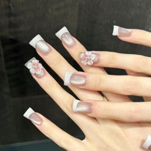 En gros, <span class=keywords><strong>Faux</strong></span> ongles à presser faits main Y2K, style French manucure œil de chat rose, motif fleur 3D, minimaliste et évasé, 10 pièces - Product Image 2