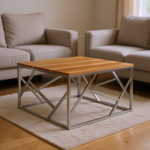 Tavolino da Caffè in Legno di Acacia con Struttura in Acciaio Inossidabile Argento, Arredamento Moderno per Soggiorno - Product Image 2