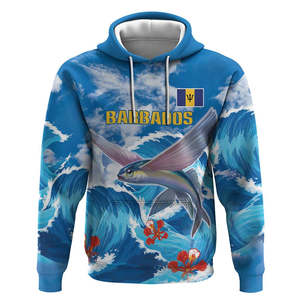 Sweat à capuche personnalisé Barbados Fish Flying avec motif Vague de <span class=keywords><strong>mer</strong></span> agitée, personnalisez votre logo et votre numéro, pull bleu drapeau des Barbade - Product Image 3