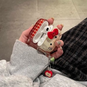 Funda con diseño de gato y lazo a cuadros para AirPods 3 4 Pro 2, funda protectora para auriculares inalámbricos Bluetooth - Product Image 3