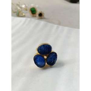 Trois pierres bleues plaqué or à la main bague en laiton réglable pierre naturelle bijoux de mode cadeau pour hommes femmes - Product Image 1
