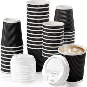 Vasos de Papel Desechables para Café Espresso, Té con Leche, para Llevar, con Pared Ondulada Aislante, Vasos de Papel Corrugado con Tapas, OEM ODM - Product Image 1