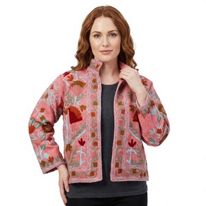 A2ZCraftBazar Hand <b>Machine</b> Embroidery Ruffles Floral Bomber Jacket 100% Cotton <b>Knitted</b> Breathable Eco-Friendly Quick Dry V-neck - Product Image 1