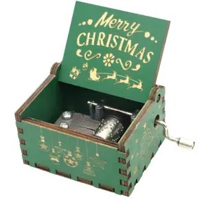 Laser vintage gravado à mão de madeira, caixa de música presentes para natal, dia das bruxas, ação de graças