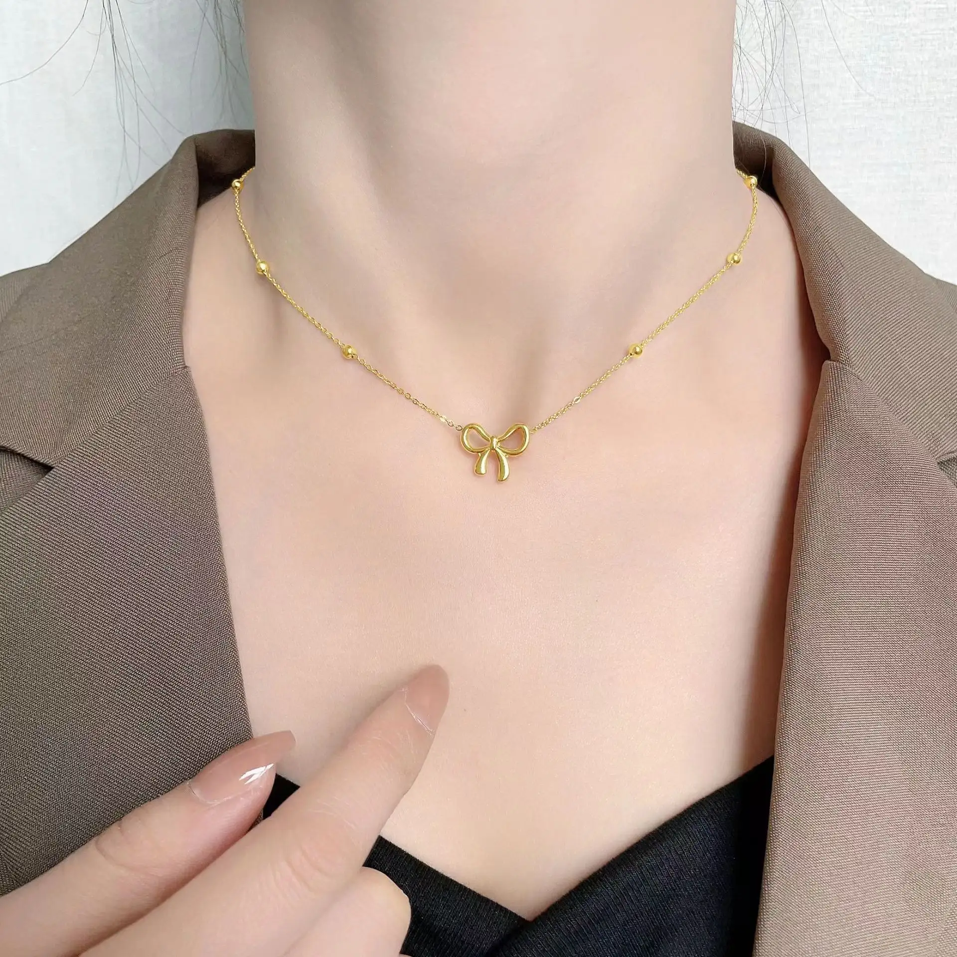 Fashion Bowknot Choker Necklace Stainless Steel Bead Chain 18K Gold Plated Ribbon Bow Pendant Necklace For Women Girls Gift