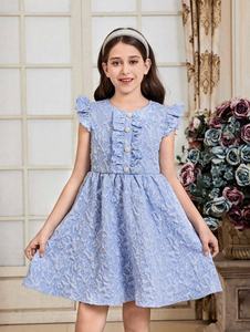 Boda nupcial Jacquard telas textiles para hacer Tween Girl Ruffle Trim vestido con botón y manga aleteo ropa - Product Image 3