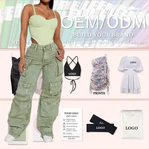 OEM Venta al por mayor de moda Ripped Jeans Mujer Pantalones de mezclilla Bolsillo lateral Lavado ácido ancho Nuevo pantalón para mujer Cargo Pant Jeans