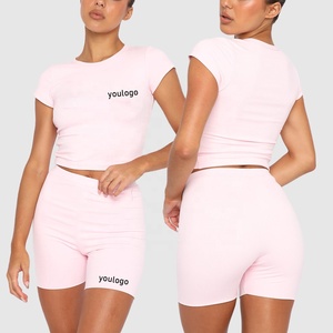 Femmes été décontracté deux pièces ensemble côtelé vélo Shorts haut court avec décoration brodée col montant motif solide bébé t-shirt - Product Image 4