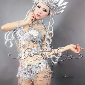 Silver sexy female singer costumes future sci-fi theme party show GOGO stage dance wear party girl clothing