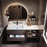 Conjunto de Muebles de Baño con Lavabo Integrado de Cerámica sin Juntas de Piedra Sinterizada, Mueble de Baño Inteligente de Madera Maciza