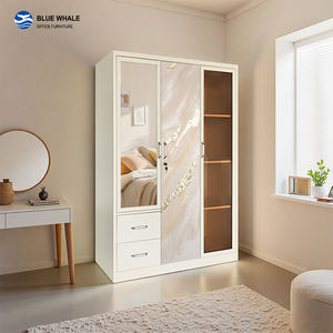 Armoire de chambre en acier laminé à froid, 3 portes battantes, demi-miroir, 2 tiroirs, verre café, anti-humidité, anti-termite, rangement - Product Image 1