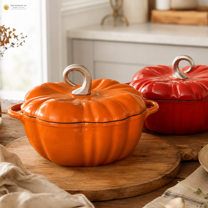 Cocotte en fonte émaillée en forme de citrouille avec couvercle, compatible induction, pour soupes et ragoûts - Product Image 4