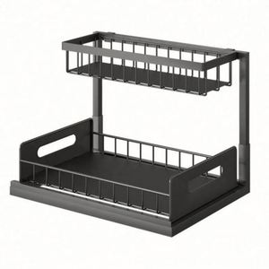 Double Tier Metal <b>Under</b> Sink Storage Cabinet with Pull-Out Rack for Bathroom and Kitchen Sink Organizer - Product Image 1