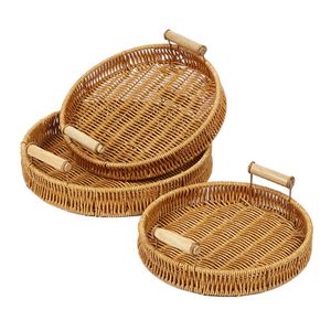 Keranjang penyimpanan roti rotan PP anyam tangan dapur rumah keranjang penyimpanan sayuran buah atas meja dengan pegangan nampan penyimpanan bulat - Product Image 1