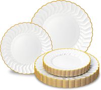 Ensemble de 175 pièces de vaisselle jetable en plastique blanc avec fleurs dorées, assiettes à salade/dessert avec fourchette, couteau, cuillère pour mariages