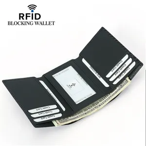 Meilleur vendeur portefeuille en cuir PU en Fiber de carbone mince avec blocage RFID pour hommes, porte-cartes triple avec fenêtre d'identification pour l'argent et les cartes